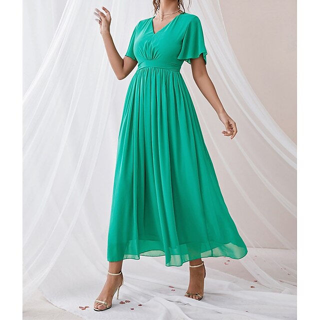 

Women's Party Dress Maxi long Dress Light Green Short Sleeve Pure Color Chiffon Spring Summer V Neck Elegant Luxurious Elegant Cap Sleeve Mesh S M L XL