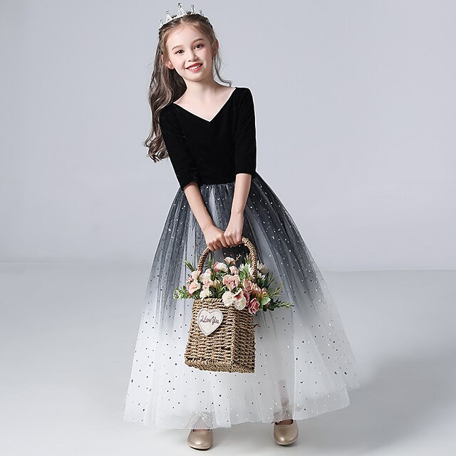 

Kids Little Girls' Dress Sequin A Line Dress Wedding Special Occasion Embroidered Black Maxi Half Sleeve Beautiful Cute Dresses Fall Spring Regular Fit 3-12 Years