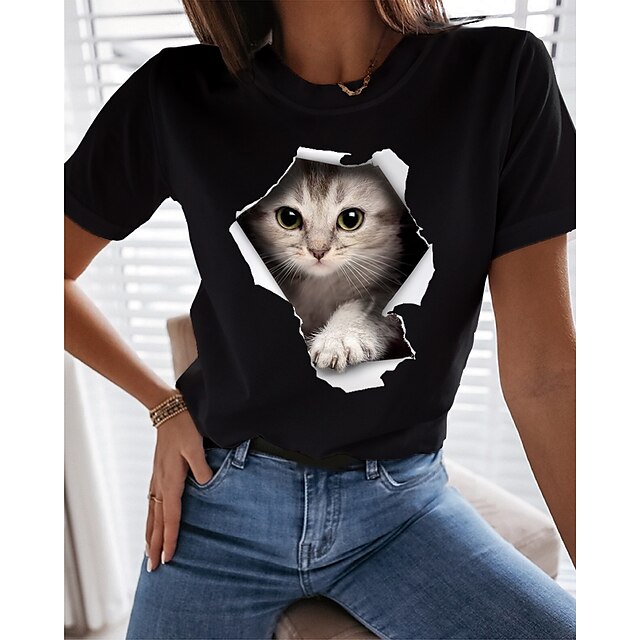 

Women's 3D Cat Painting T shirt Cat 3D Animal Print Round Neck Basic Tops Green Blue White