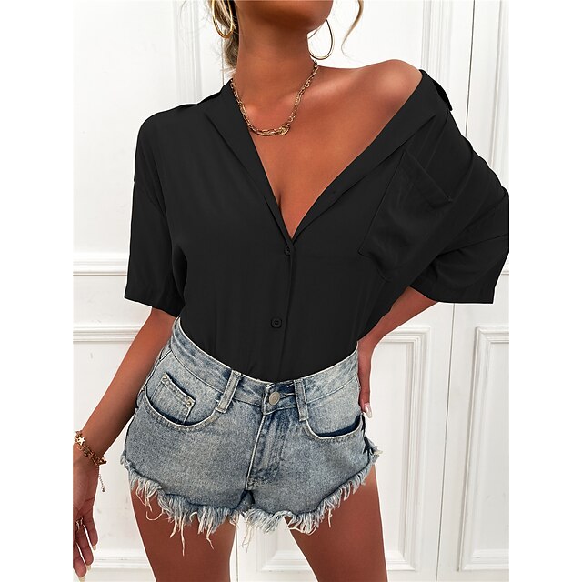 

Women's Blouse Shirt Plain Pocket Button Shirt Collar Casual Streetwear Tops Black Wine Camel