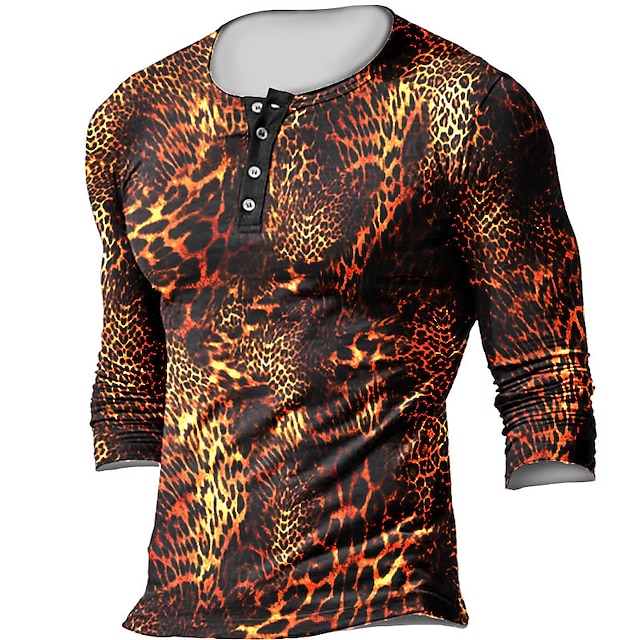 

Men's Henley Shirt Tee T shirt 3D Print Graphic Cheetah Print Plus Size Henley Casual Daily Button-Down Print Long Sleeve Tops Casual Retro Designer Military Red