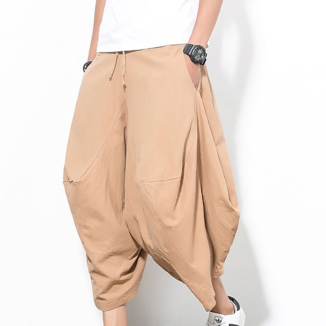 Mens Clothing Mens Bottoms | Mens Retro Vintage Streetwear Culottes Wide Leg Tapered Carrot Pants Elastic Drawstring Design Calf