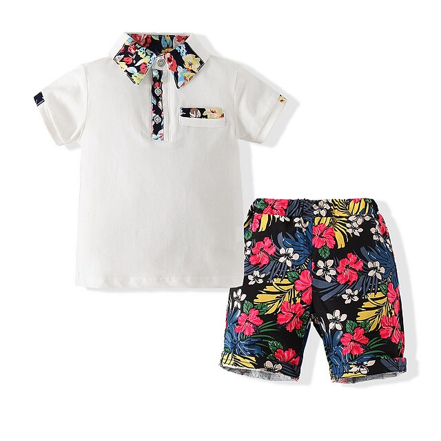 

Kids Boys Polo Shirt Shorts Clothing Set 2 Pieces Short Sleeve White Pink Floral Print Print Street Casual Cool 2-8 Years