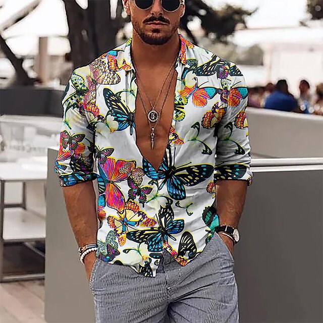 Men's Butterfly Shirt Long Sleeve Sports Fashion Designer Daily Holiday Summer Spring Turndown Print Blue2
