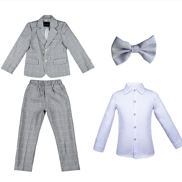 Baby & Kids Boys Clothing | Kids Boys Shirt & Pants Formal Set 4 Pieces Long Sleeve Blue Gray Plaid Bow School Formal Formal Gen