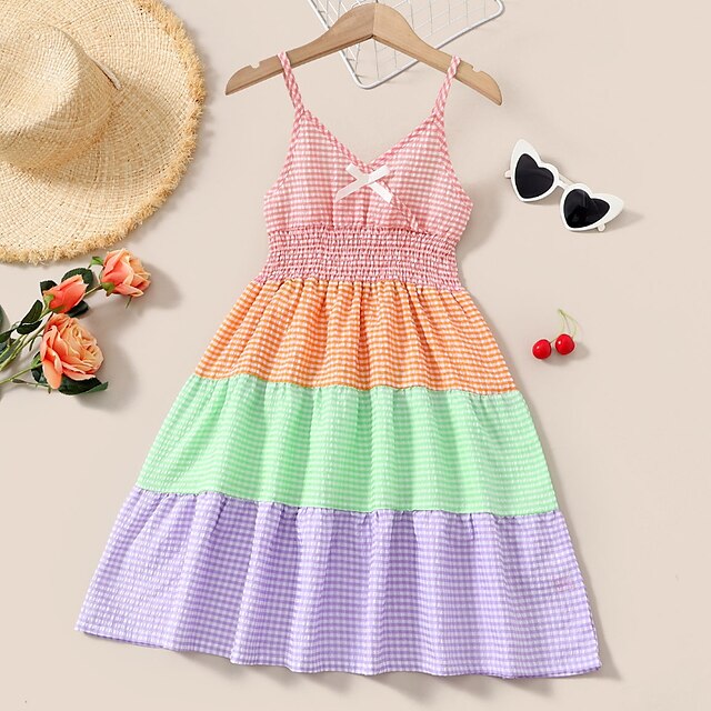 

Kids Little Girls' Dress Color Block A Line Dress Daily Ruched Patchwork Multicolor Midi Sleeveless Princess Cute Dresses Fall Summer Regular Fit 4-12 Years