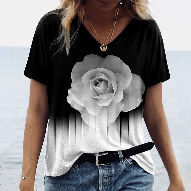 

Women's Floral Theme Painting T shirt Rose Print V Neck Basic Tops Black / 3D Print