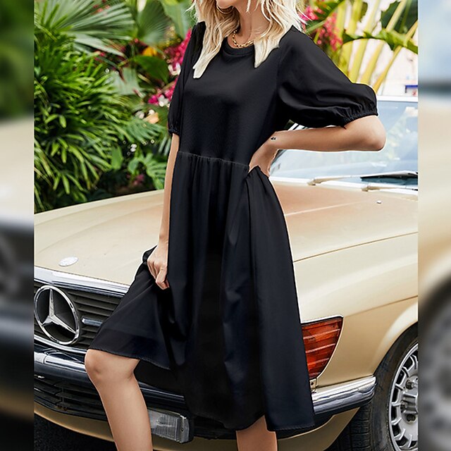 

Women's Casual Dress Knee Length Dress White Black Short Sleeve Solid Color Patchwork Summer Round Neck Stylish 2022 S M L XL