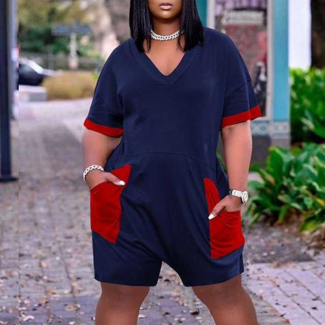 

Women's Romper Pocket Patchwork Color Block V Neck Holiday Street Casual Regular Fit Short Sleeve Blue Wine XL XXL 3XL Fall