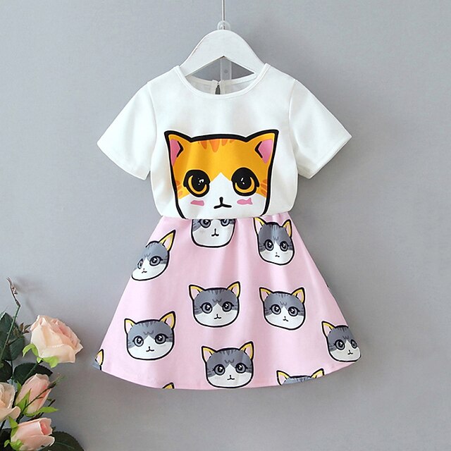

Kids Girls' T-shirt Skirt Clothing Set 2 Pieces Short Sleeve Pink Cartoon Cat Animal Ruched Print Indoor Outdoor Cute Sweet Regular Above Knee 1-5 Years