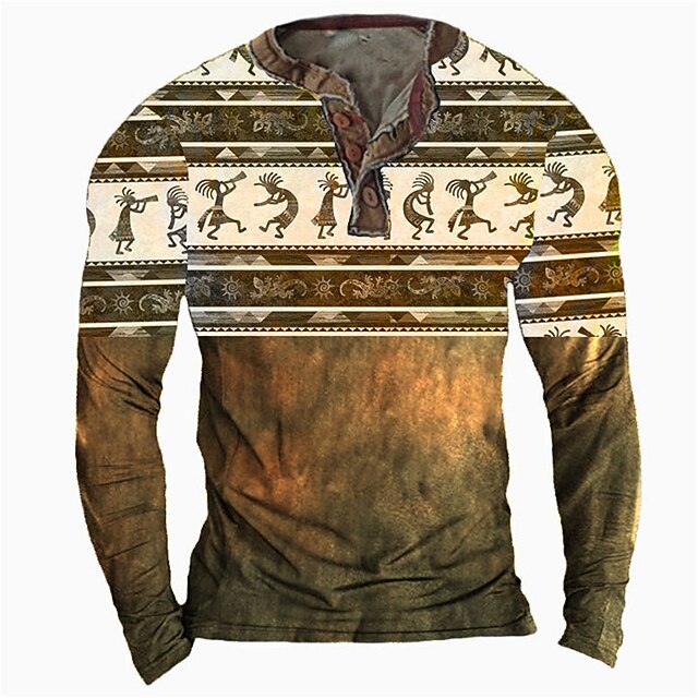 

Men's Henley Shirt Tee T shirt 3D Print Graphic Tribal Henley Casual Daily Button-Down Print Long Sleeve Tops Fashion Vintage Big and Tall Military Style Brown / Spring / Summer
