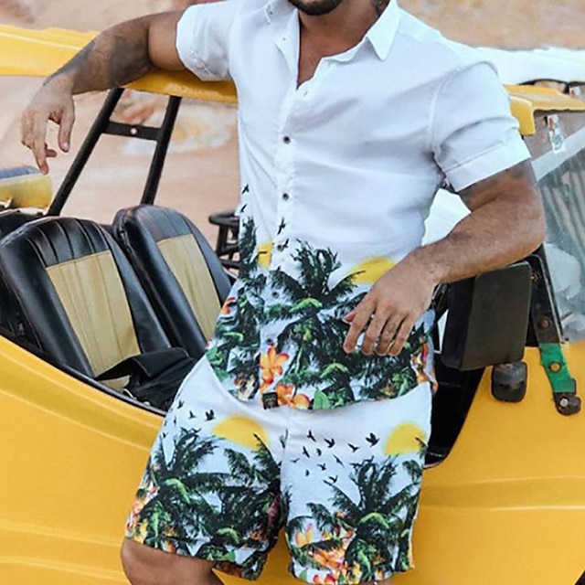  Men's Shirt Suits Graphic Shirt Set White Pink Blue Green Short Sleeve Button Down Collar Vacation Going out Print Clothing Apparel Beach