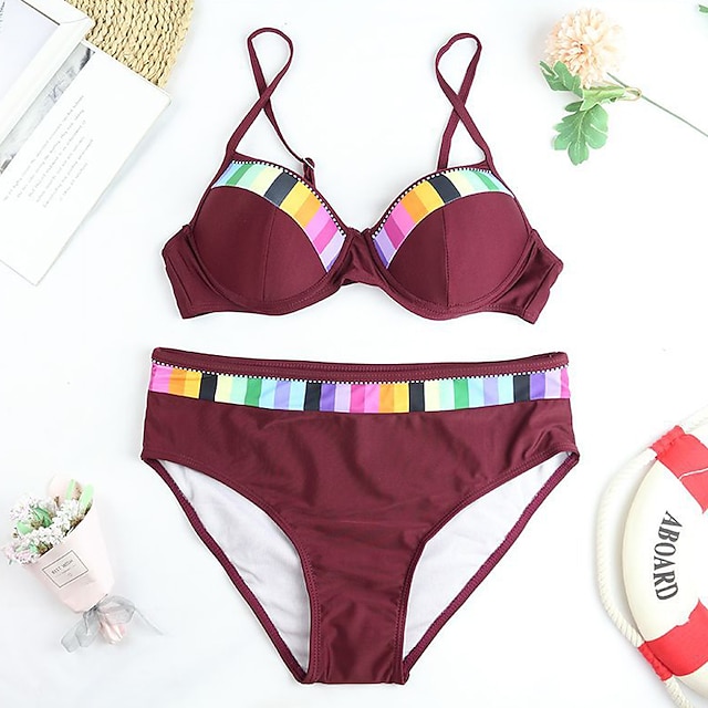 Womens Clothing Womens Swimwear | Womens Swimwear Bikini 2 Piece Plus Size Swimsuit Open Back Printing for Big Busts Color Block