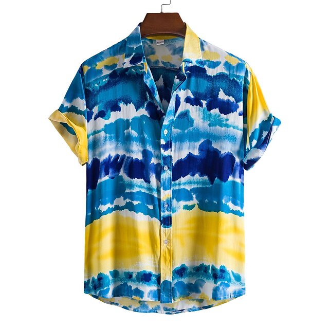 

Men's Shirt Geometry Plus Size Turndown Holiday Print Short Sleeve Tops 2pcs Beach Blue / Summer