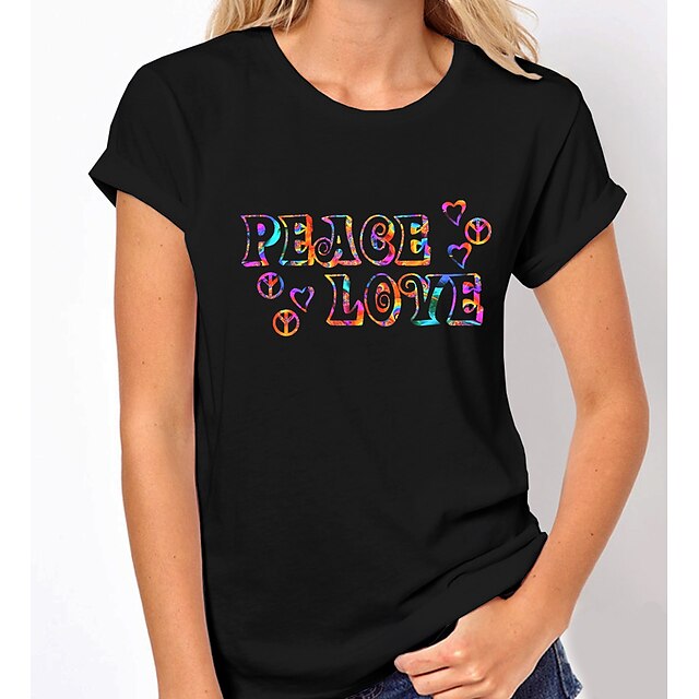 

Women's Painting T shirt Peace Love Print Round Neck Basic Tops White Black