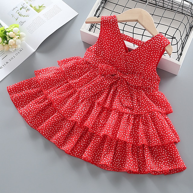 

Toddler Little Girls' Dress Polka Dot A Line Dress Daily Bow Red Knee-length Sleeveless Princess Dresses Children's Day Summer Loose 2-6 Years