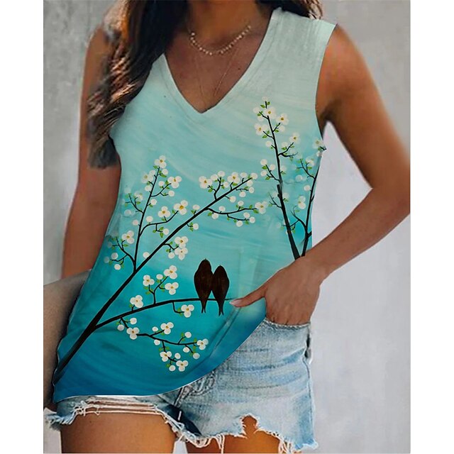 

Women's Camis Tree Flower Patchwork Print V Neck Basic Beach Tops Green / 3D Print
