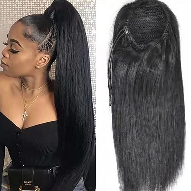 

Straight Human Hair Ponytail 150% Density Thick Straight Ponytail Wrap Drawstring Clip in Binding Pony Tail Extensions Natural Color Remy Human Hair Hair Piece 14 Inch