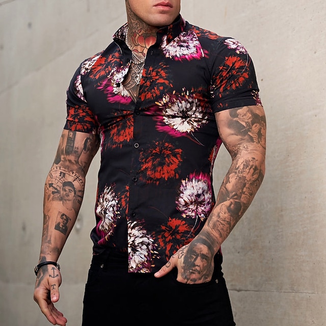 

Men's Shirt Floral Turndown Party Casual Button-Down Short Sleeve Tops Casual Vintage Streetwear Green Black Red