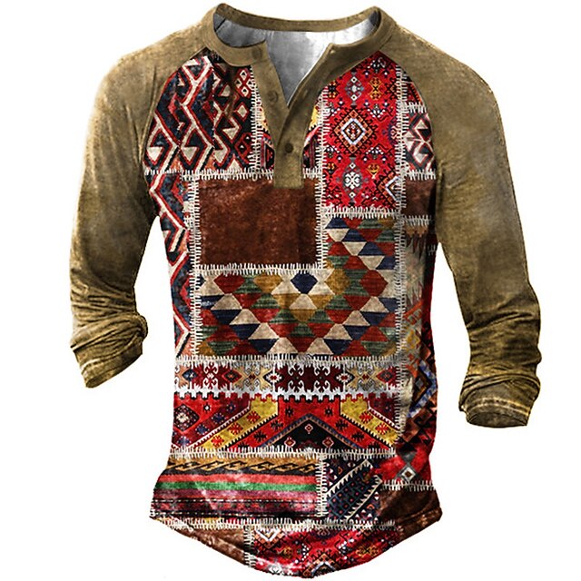 

Men's Henley Shirt Tee T shirt 3D Print Graphic Argyle Henley Casual Daily Button-Down Print Long Sleeve Tops Fashion Vintage Big and Tall Military Style Brown / Spring / Summer