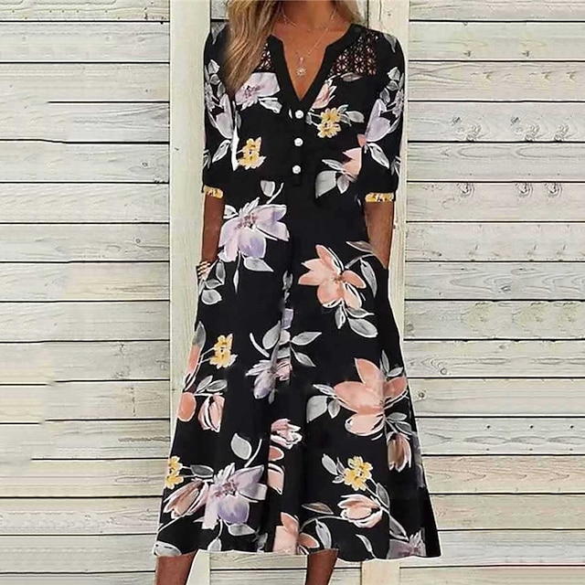 

Women's A Line Dress Midi Dress Black Half Sleeve Floral Pocket Button Print Spring Summer V Neck Stylish Casual 2022 S M L XL XXL 3XL