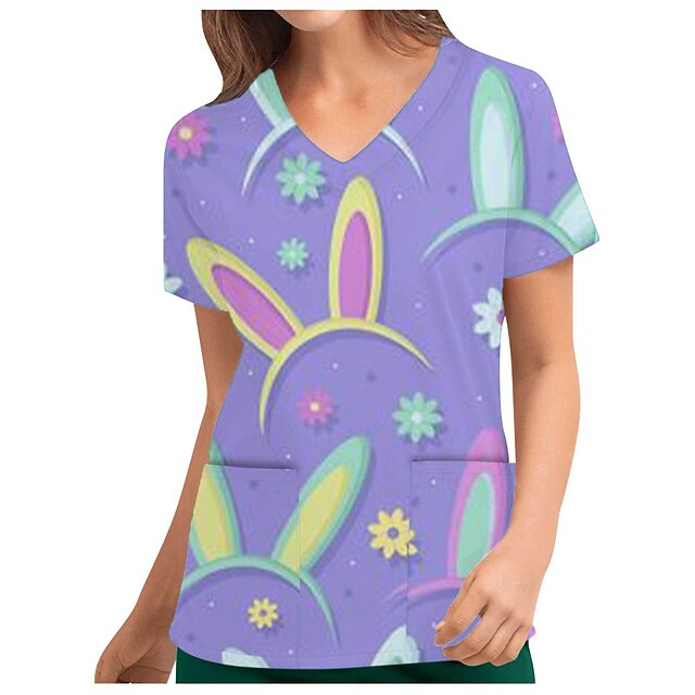 

Women's Happy Easter T shirt Floral Rabbit Animal Pocket Print V Neck Basic Tops Green Purple Pink / 3D Print