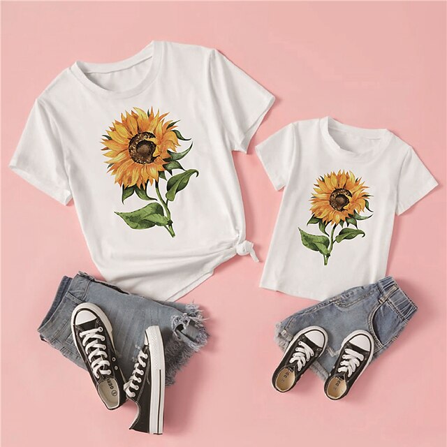 Baby & Kids Matching Outfits | Mommy and Me T shirt Tops Sunflower Street Print White Short Sleeve Active Matching Outfits - YZ4