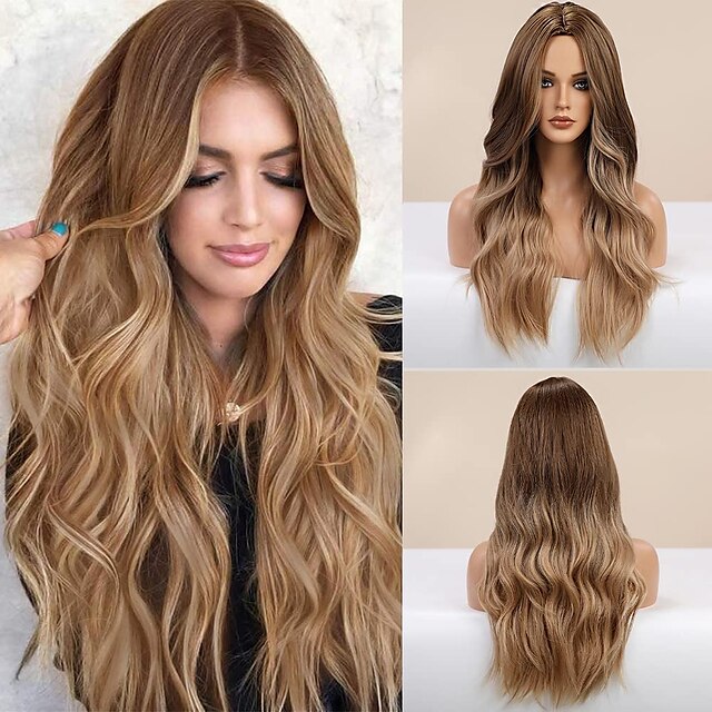 Beauty & Hair Wigs & Hair Pieces | Gradient Brown Wig Women Long Wavy Wig Mid Wavy Wig Synthetic Heat Resistant Party Wig - FE97