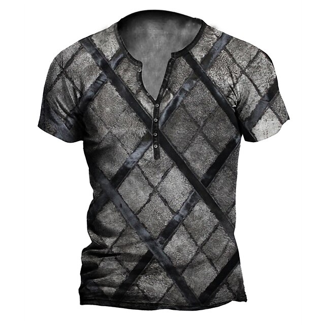 

Men's Henley Shirt T shirt 3D Print Plaid Graphic Henley Casual Daily Button-Down Print Short Sleeve Tops Casual Vintage Classic Designer Gray Navy Blue