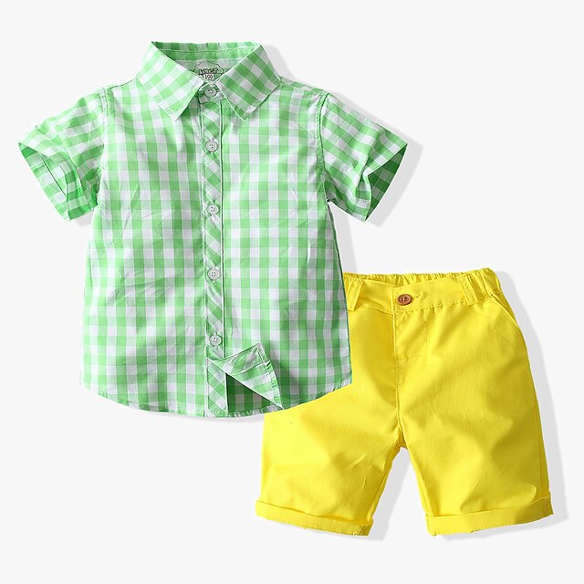 Baby & Kids Boys Clothing | Kids Boys Shirt & Shorts 2 Pieces Short Sleeve Green Yellow Plaid Street Casual Cool 2-8 Years - DI8