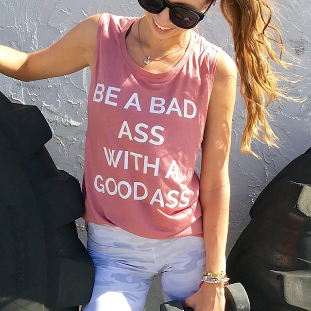 

Women's Tank Top Vest Letter Print Round Neck Casual Streetwear Tops Blue Gray Pink