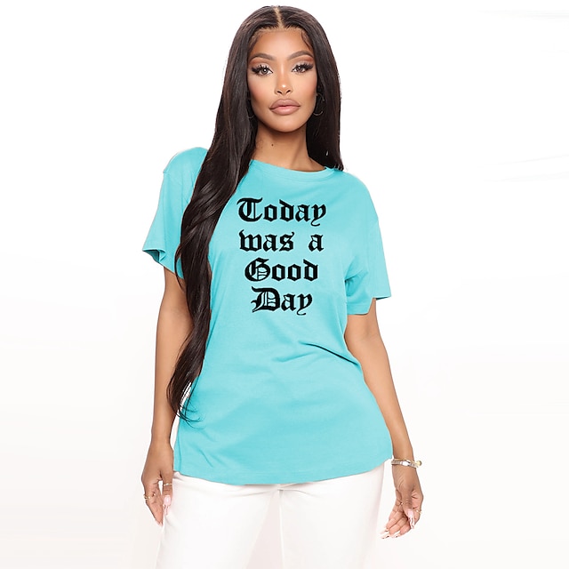 

Women's T shirt Graphic Letter Print Round Neck Basic Tops 100% Cotton Green Blue White