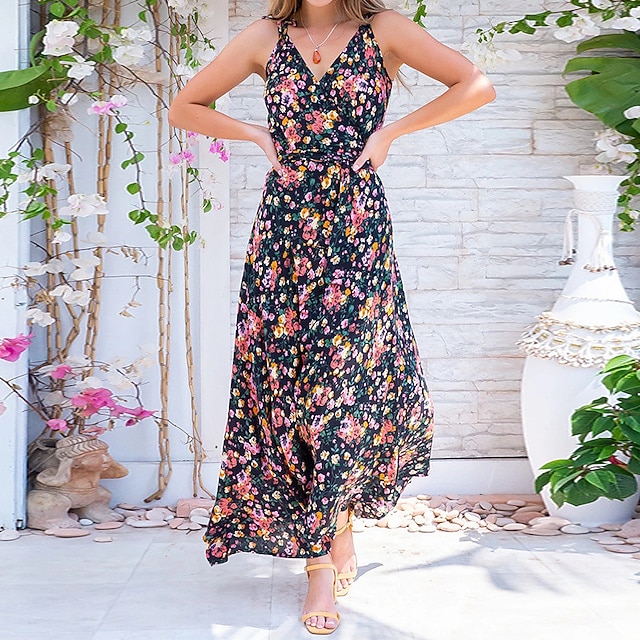 

Women's A Line Dress Maxi long Dress Black Sleeveless Floral Backless Print Spring Summer V Neck Stylish Casual Vacation 2022 S M L XL