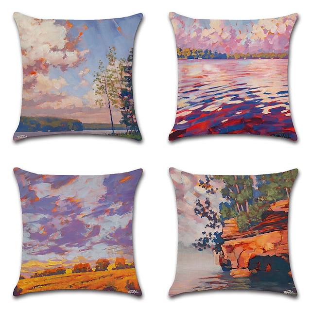 

Oil Painting Style Double Side Cushion Cover 4PC Soft Decorative Square Throw Pillow Cover Cushion Case Pillowcase for Bedroom Livingroom Superior Quality Machine Washable Indoor Cushion for Sofa Couch Bed Chair