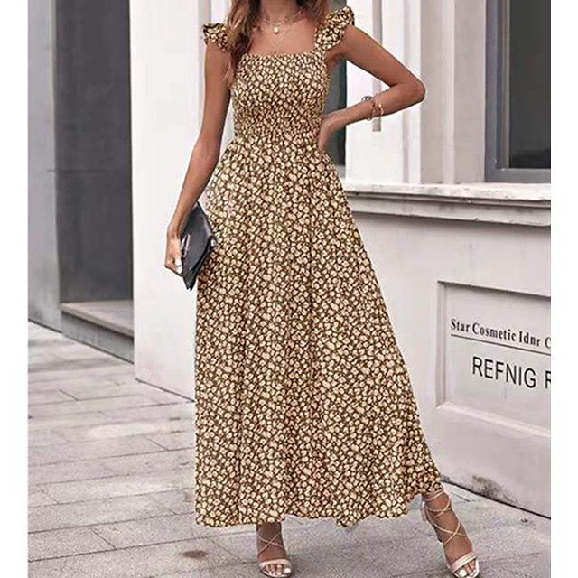 

Women's Swing Dress Maxi long Dress Black Purple Wine Khaki Light Blue Short Sleeve Floral Ruched Cold Shoulder Print Summer Square Neck Party Stylish Elegant Luxurious Butterfly Sleeve 2022 S M L