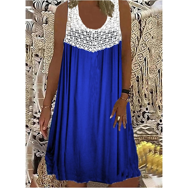 

Women's Casual Dress Knee Length Dress Green Blue Black Purple Red Navy Blue Sleeveless Solid Color Hollow Out Lace Summer Crew Neck Casual 2022 S M L XL XXL 3XL 4XL 5XL