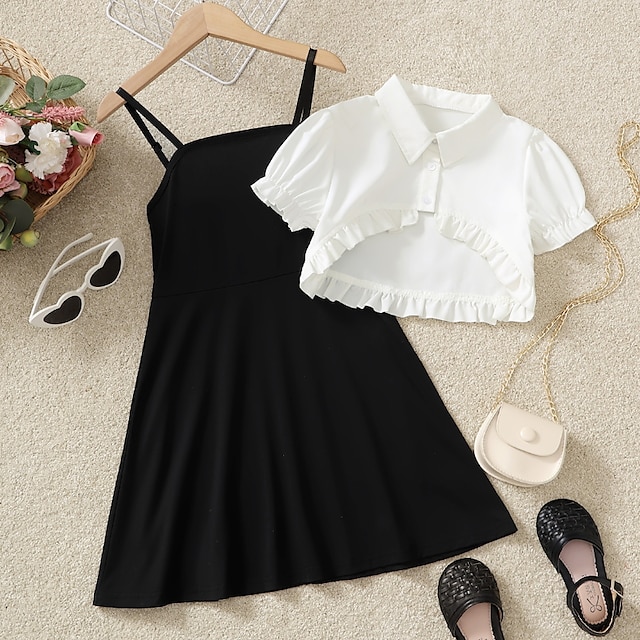 

Kids Girls' Shirt Skirt Clothing Set 2 Pieces Short Sleeve White Solid Color Ruffle Street Indoor Outdoor Daily Cute Sweet Regular Midi 4-12 Years / Spring / Summer