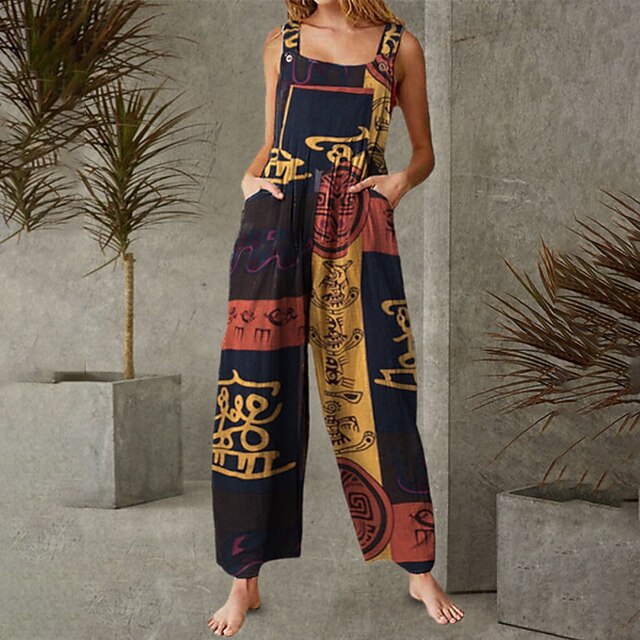

Women's Jumpsuit Pocket Print Crew Neck Casual Street Daily Regular Fit Sleeveless Blue Black Yellow S M L Spring