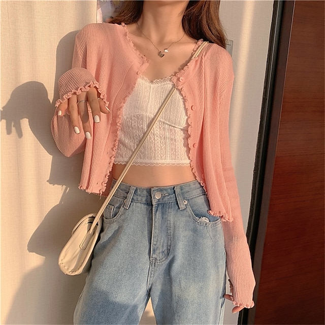 

Women's Cardigan Knitted Button Pure Color Stylish Casual Soft Long Sleeve Sweater Cardigans Crew Neck Spring Summer Green Blue White