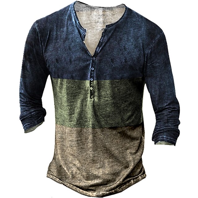 

Men's Henley Shirt Tee T shirt 3D Print Graphic Color Block Plus Size Henley Casual Daily Button-Down Print Long Sleeve Tops Casual Retro Designer Military Blue