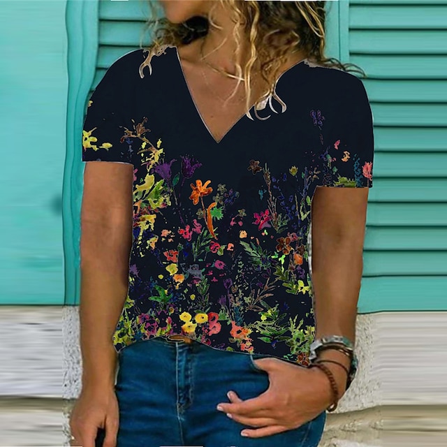 

Women's Plus Size Tops T shirt Floral Print Short Sleeve V Neck Streetwear Daily Going out Cotton Spring Summer Blue White