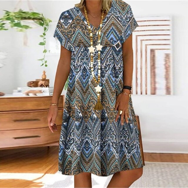 

Women's Shift Dress Knee Length Dress Red Light Blue Short Sleeve Geometric Print Spring Summer V Neck Casual Vacation Vintage 2022 S M L XL XXL 3XL 4XL 5XL