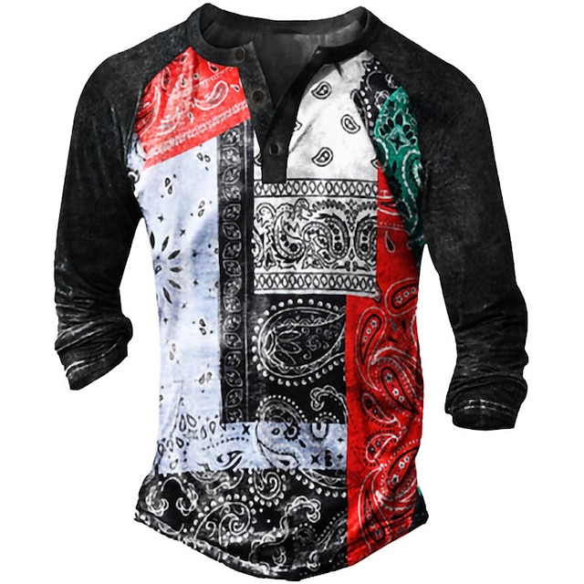 

Men's Henley Shirt Tee T shirt 3D Print Graphic Tribal Henley Casual Daily Button-Down Print Long Sleeve Tops Fashion Vintage Big and Tall Military Style Black / Spring / Summer