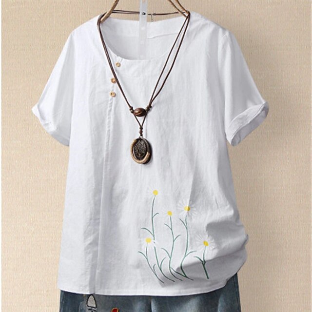 

Women's Plus Size Tops T shirt Floral Print Short Sleeve Crewneck Streetwear Daily Going out Cotton Spring Summer Blue White
