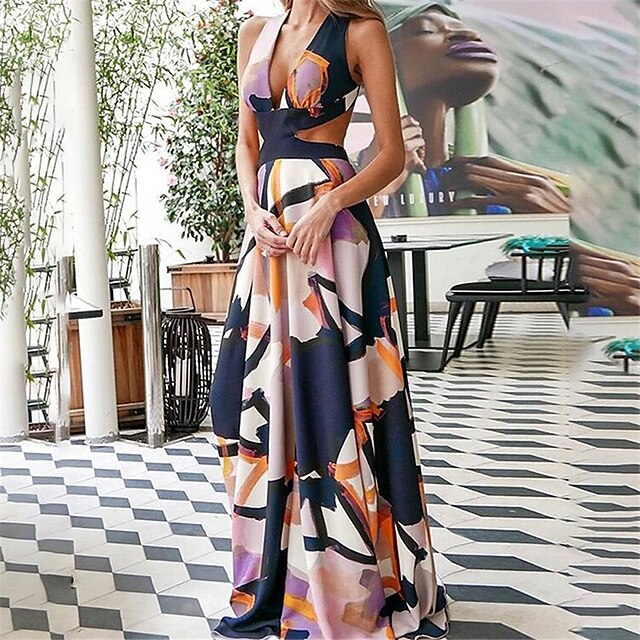 Womens Clothing Womens Dresses | Womens A Line Dress Maxi long Dress Pink Sleeveless Color Block Hollow To Waist Print Spring Su