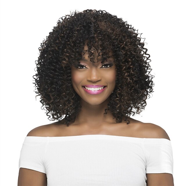 Beauty & Hair Wigs & Hair Pieces | Synthetic Wig Curly With Bangs Wig Short Tipped Medium Brown with Blonde Synthetic Hair Women