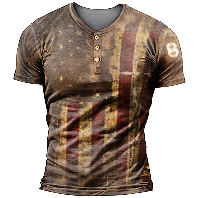 

Men's Henley Shirt Tee T shirt 3D Print Graphic National Flag Plus Size Henley Casual Daily Button-Down Print Short Sleeve Tops Casual Retro Designer Military Brown / Summer