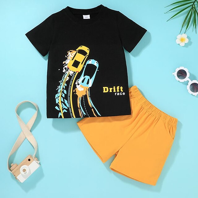 Baby & Kids Boys Clothing | Kids Boys T-shirt & Shorts Clothing Set 2 Pieces Short Sleeve Black Cartoon Car Letter Print Indoor 