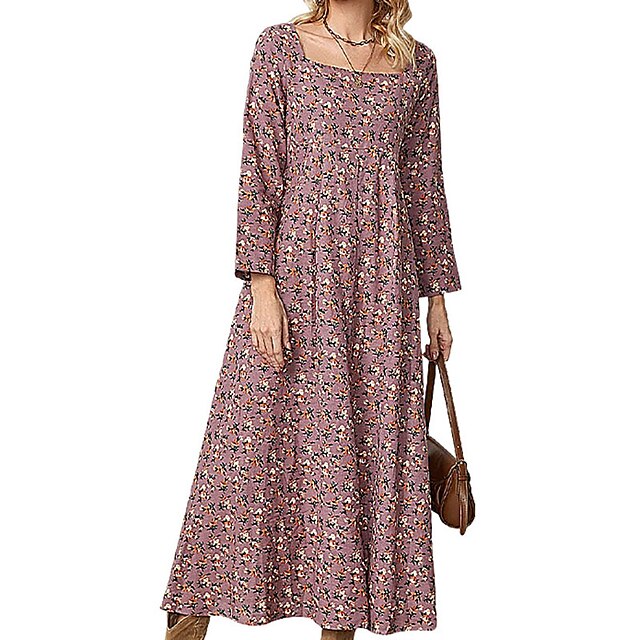

Women's Swing Dress Maxi long Dress Pink Long Sleeve Floral Print Spring Summer Square Neck Casual Linen S M L XL XXL