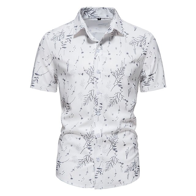 

Men's Shirt Leaves Plus Size Turndown Holiday Short Sleeve Tops Color Block Casual Classic White / Summer